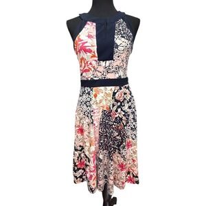 En Focus Studio Pink Navy Floral Patchwork Halter Fit Flare Dress Womens 4